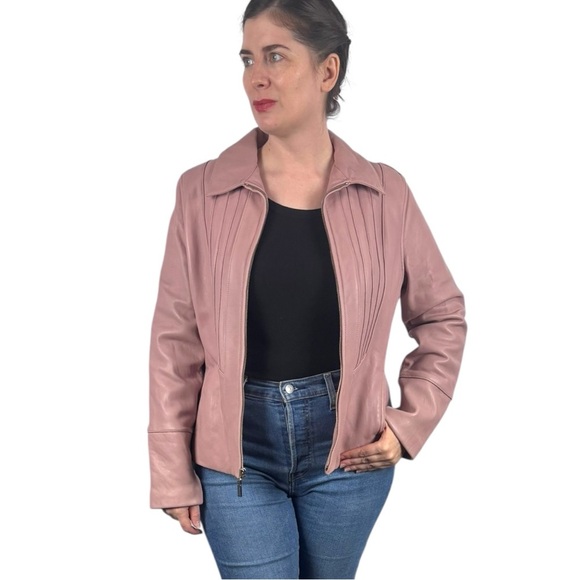 AVANTI LIGHT PINK LEATHER ZIP FRONT TAILORED COLLARED BLAZER Y2K JACKET - Picture 2 of 16